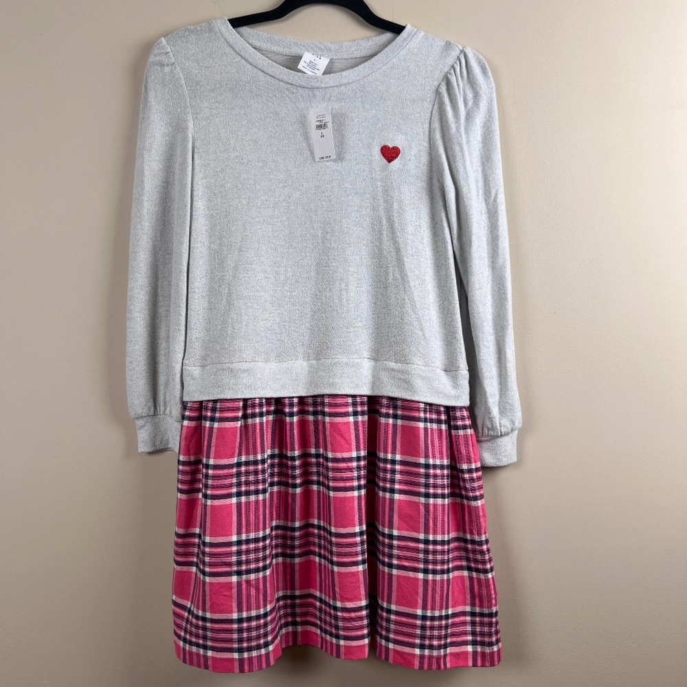 Gap Heart Heather Gray Top Pink Blue Plaid Bottom Dress Heart Girls Large